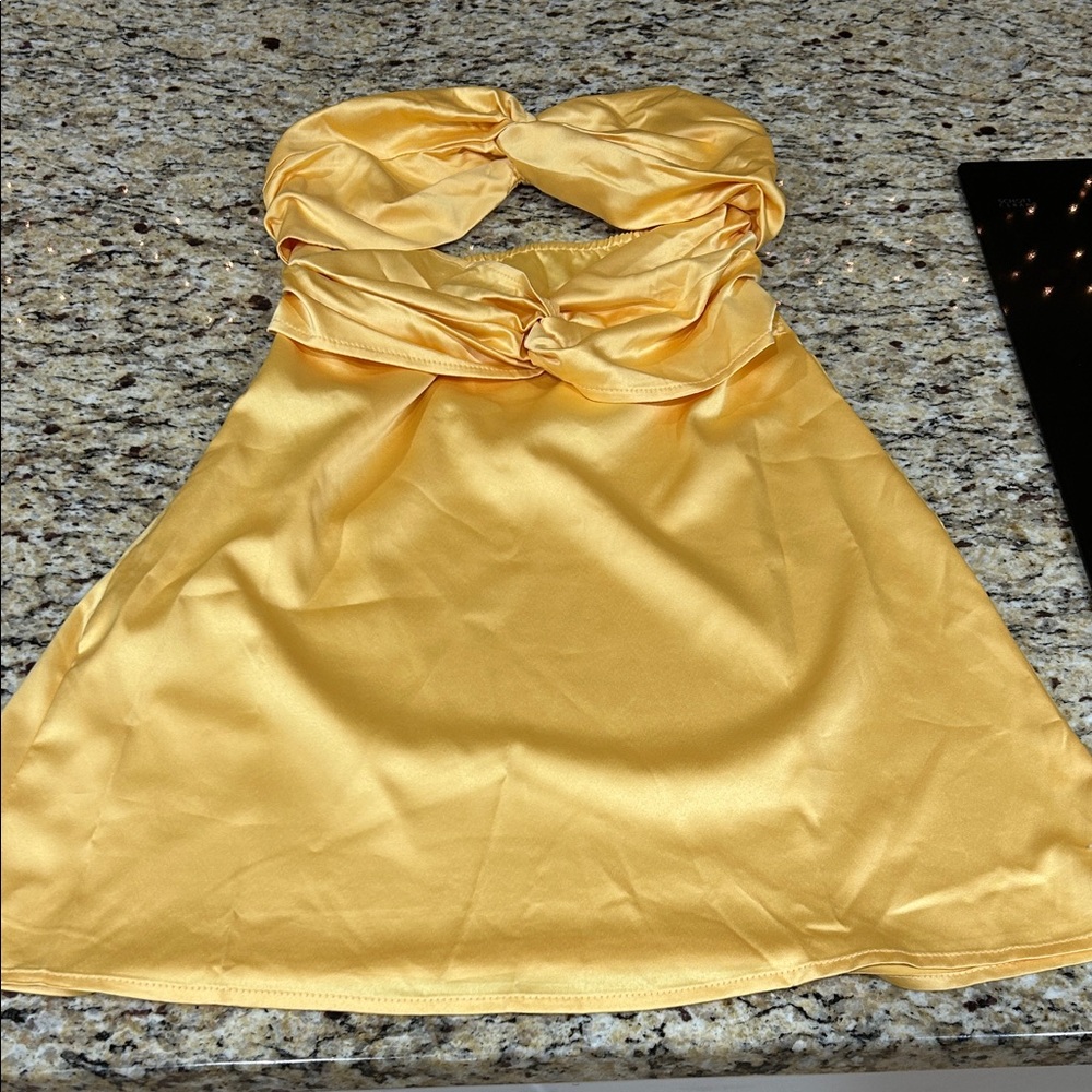 Elegant Yellow Satin Halter Dress